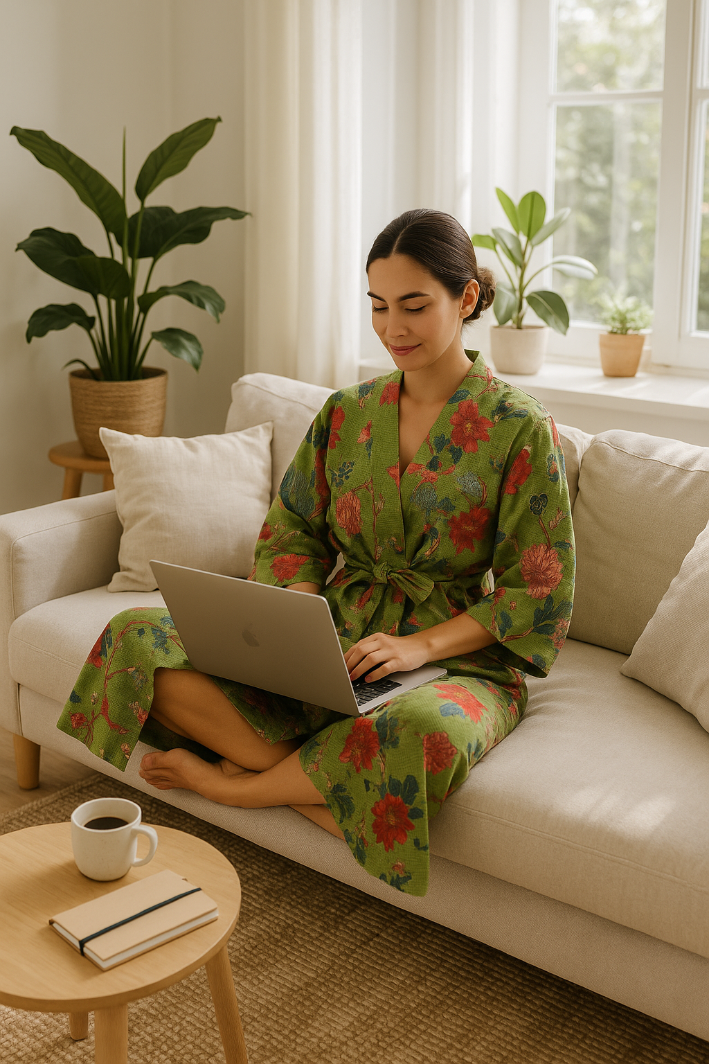 Glamthread - Vendita all'ingrosso Vestaglia - Donna - Kimono in Cotone Verde a Fiori | Abbigliamento da Casa e Copertura da Viaggio in Tessuto a Nido d'Ape3