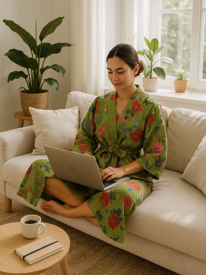 Glamthread - Wholesale Robe - Women's - Green Floral Cotton Kimono Robe | Waffle Weave Loungewear & Travel Cover-Up3
