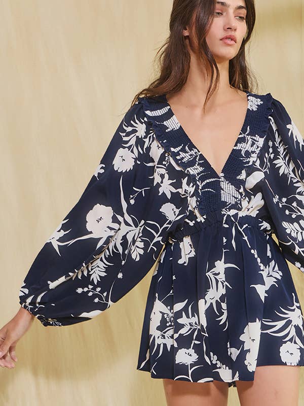 R5268H Smocked V-neck Ruffled Floral Print Romper for wholesale by BUCKETLIST INC