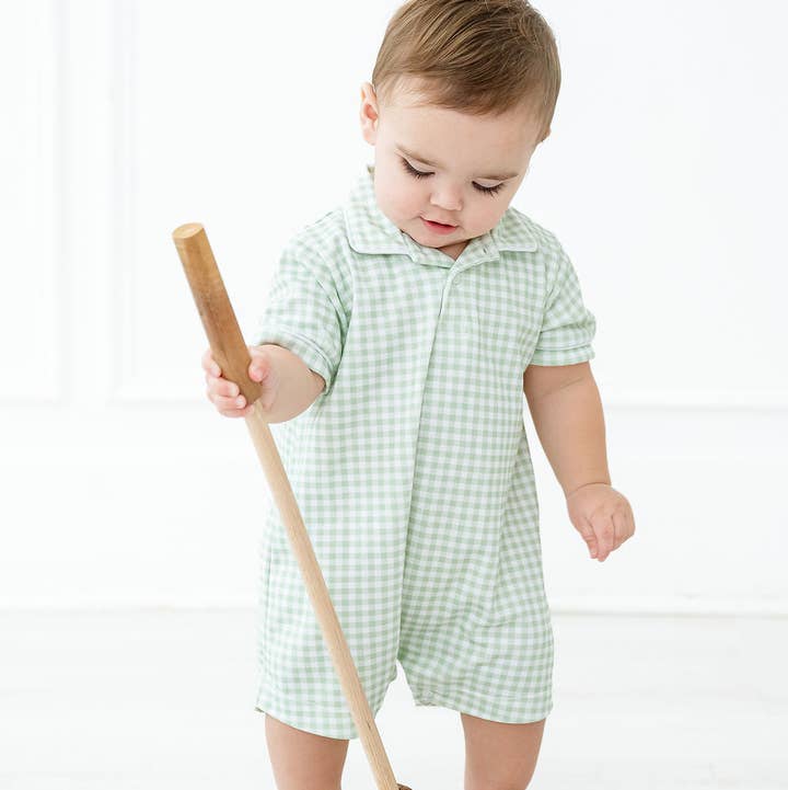 Green Gingham Pima Harold Romper for wholesale by Ruth and Ralph