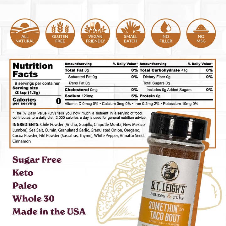 B.T. Leigh's Sauces & Rubs - Wholesale Dried spice mix - Somethin' To Taco Bout - Gluten-Free Taco Seasoning - 4.7 oz Bottle2