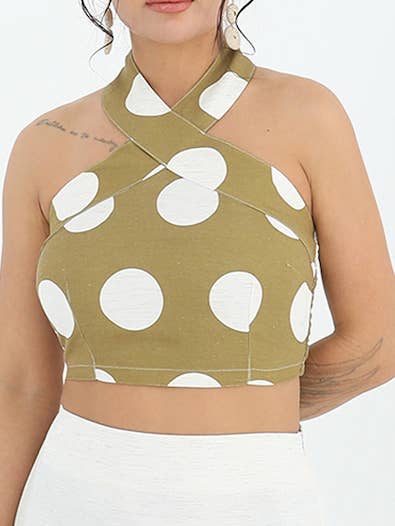Top-Selling Linen Blend Halter Neck Top-Olive-Paisley for wholesale by SoulofMu