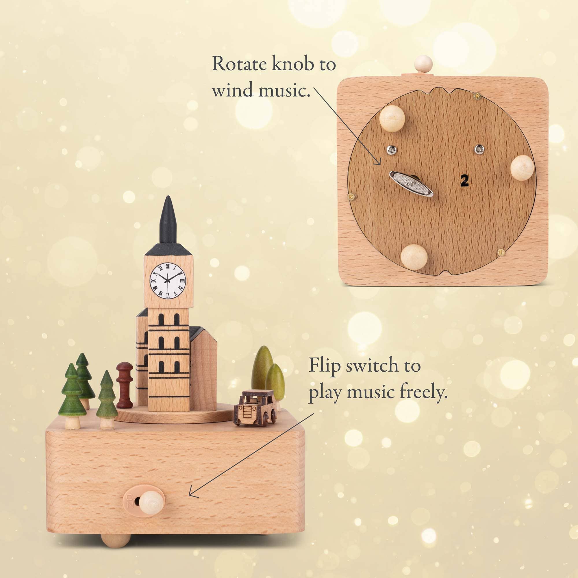 EAST AVENUE - Wholesale Decorative Tabletop Object - Big Ben Car Woodgrain 6 inch Beech Wind-Up Musical Figurine4