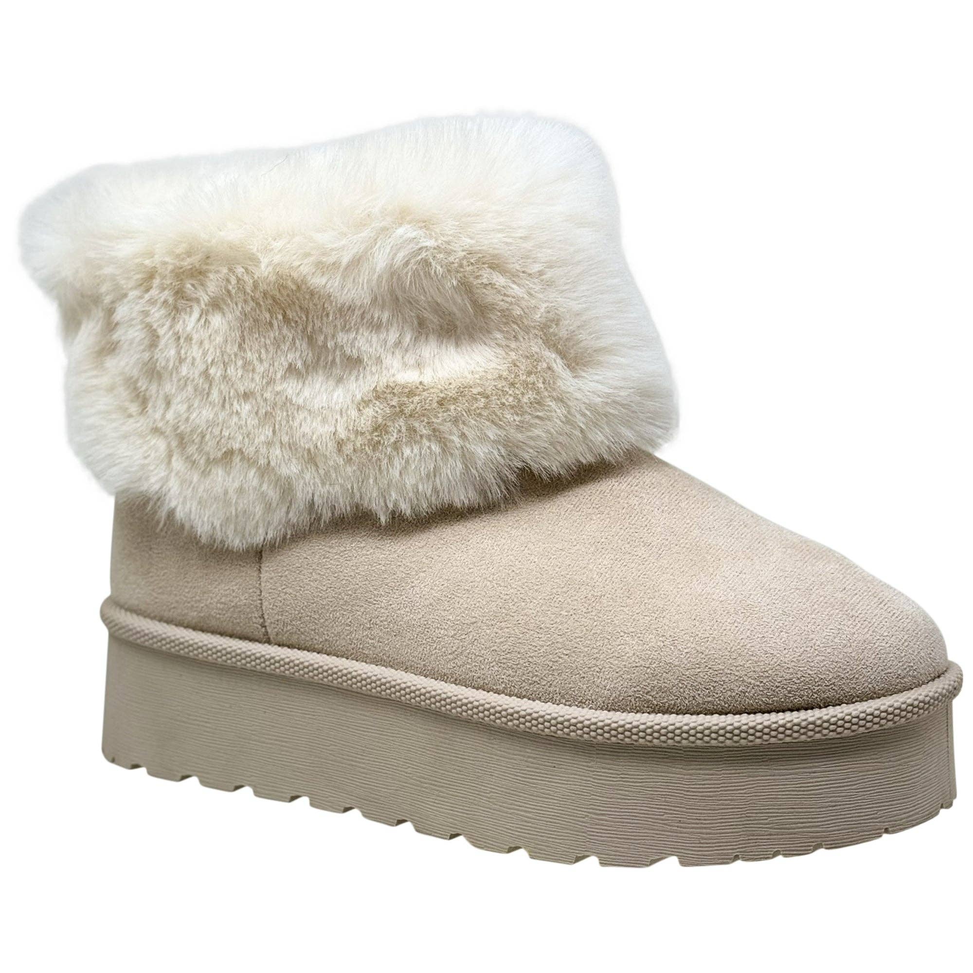 Women's Platform Booties Faux Suede Fur Lining Pull On Cuff Boots Beige Suede for wholesale on Faire0