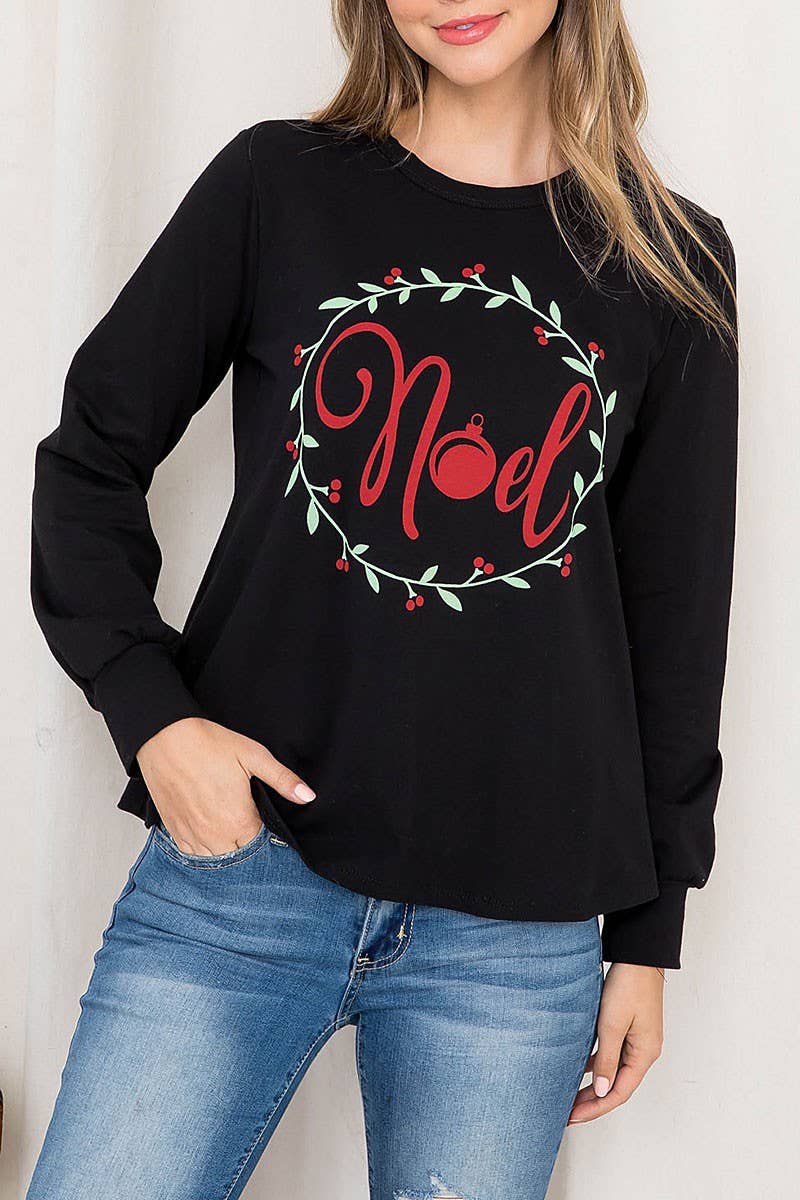 Black NOEL PRINT ROUND NECK LONG SLEEVE TOP for wholesale on Faire1