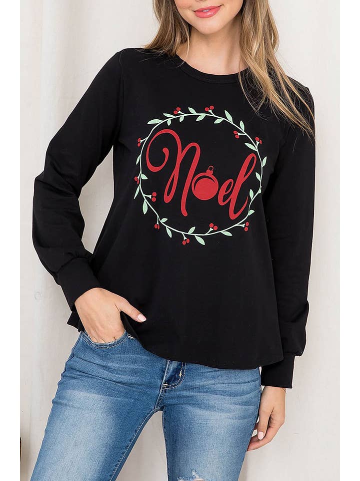 Black NOEL PRINT ROUND NECK LONG SLEEVE TOP for wholesale on Faire1