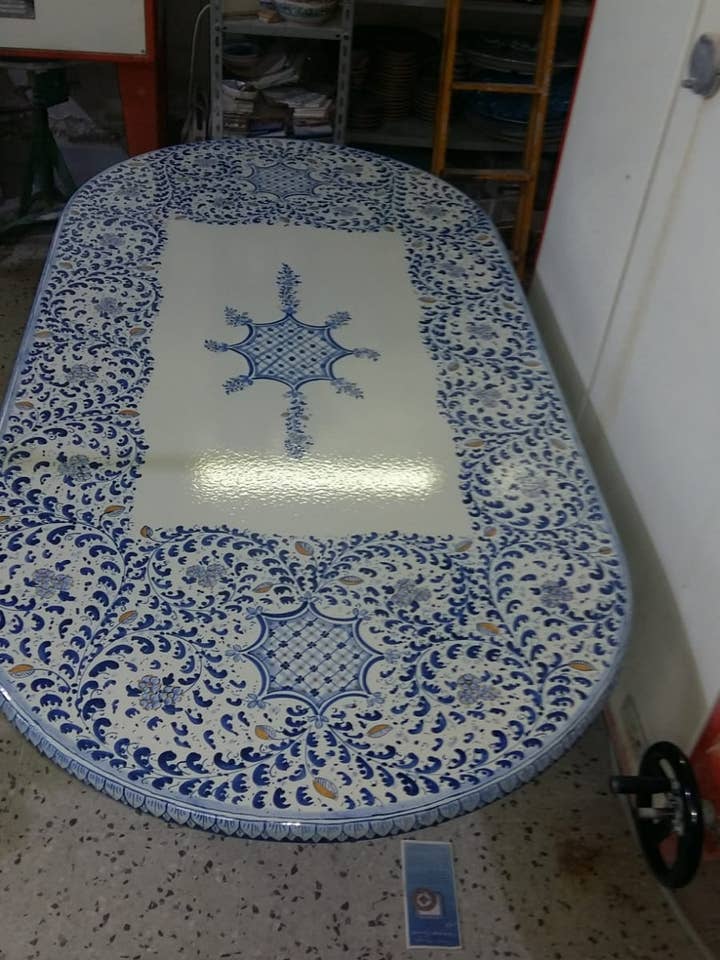 Oval Table “Arabesco Etneo” (SG) – Decorated Lava Stone for wholesale by DD Ceramiche Siciliane