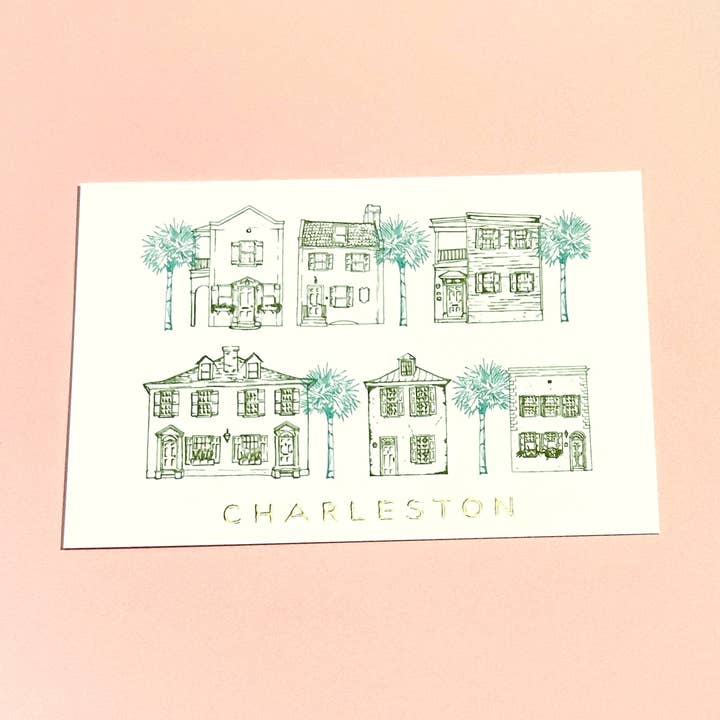 Cartolina con Case di Charleston e Palme in Lamina d'Oro per la vendita all'ingrosso da parte di Statement Goods