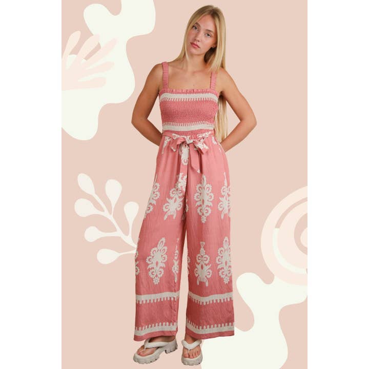 Boho Printed Smocking Detail Jumpsuit for wholesale by IVE