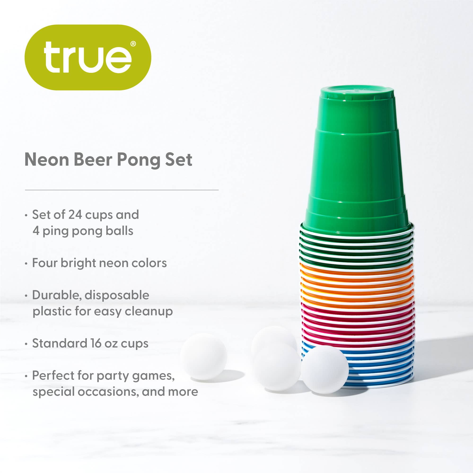 TRUE - Vente Kits de fabrication de bière/d'alcool - Ensemble de Beer Pong Néon de Fête avec 24 Gobelets et 4 Balles de Ping-Pong4