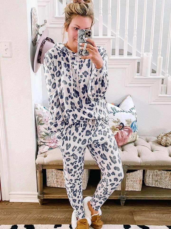 Khaki Leopard Print Drawstring Hoodie and Skinny Pants Lounge Set for wholesale on Faire3