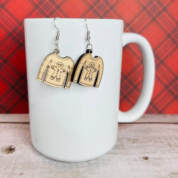Ugly Christmas Sweater Earrings Gingerbread for wholesale by Monroe Meadow Boutique