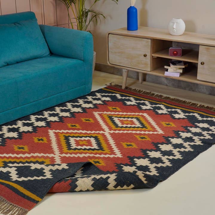 Handgewebter Woll-Jute-Kelim-Teppich, handgefertigter geometrischer Teppich für den Großhandel von Chouhan Rugs