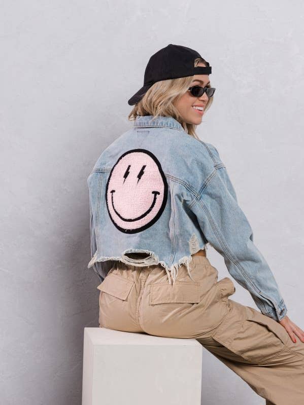 Pink Smiley Face Short Denim Jacket for wholesale by Trio Urban