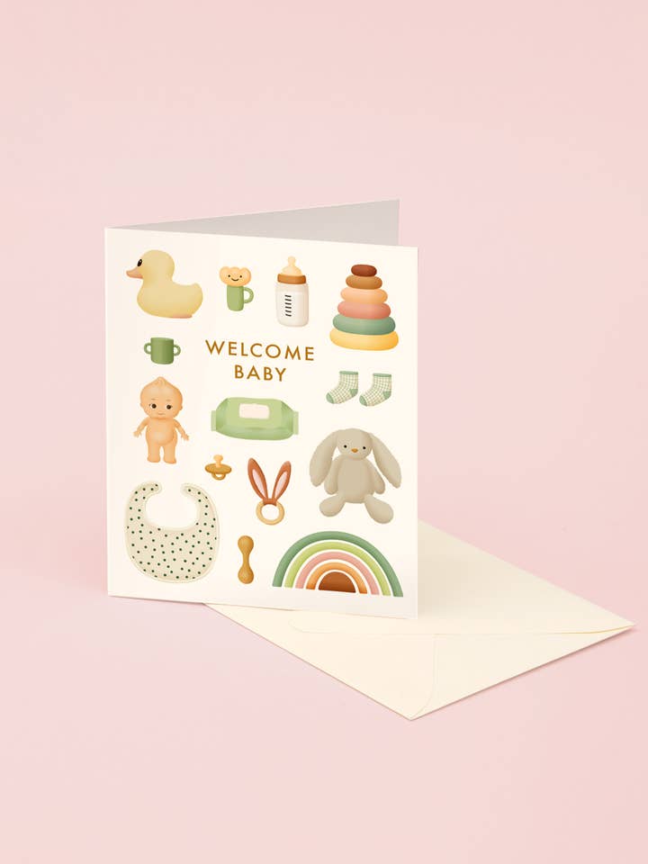 Carte bébé de bienvenue Pastel Toys pour la vente par Clap Clap