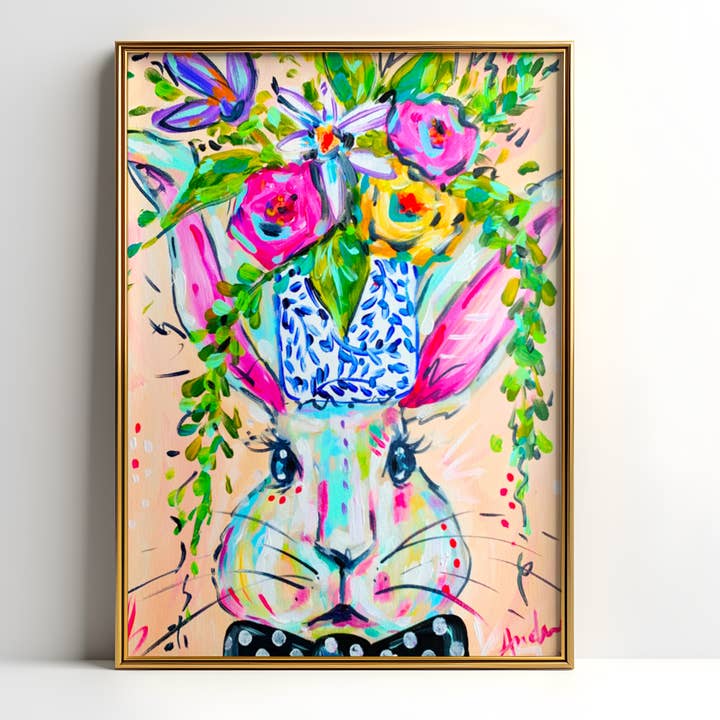 Spring Easter Wall Art, Nursery Print, Bunny Rabbit Dopamine Decor, Colorful Kids Room, Floral Art Print, Happy Poster for wholesale by Audra Style