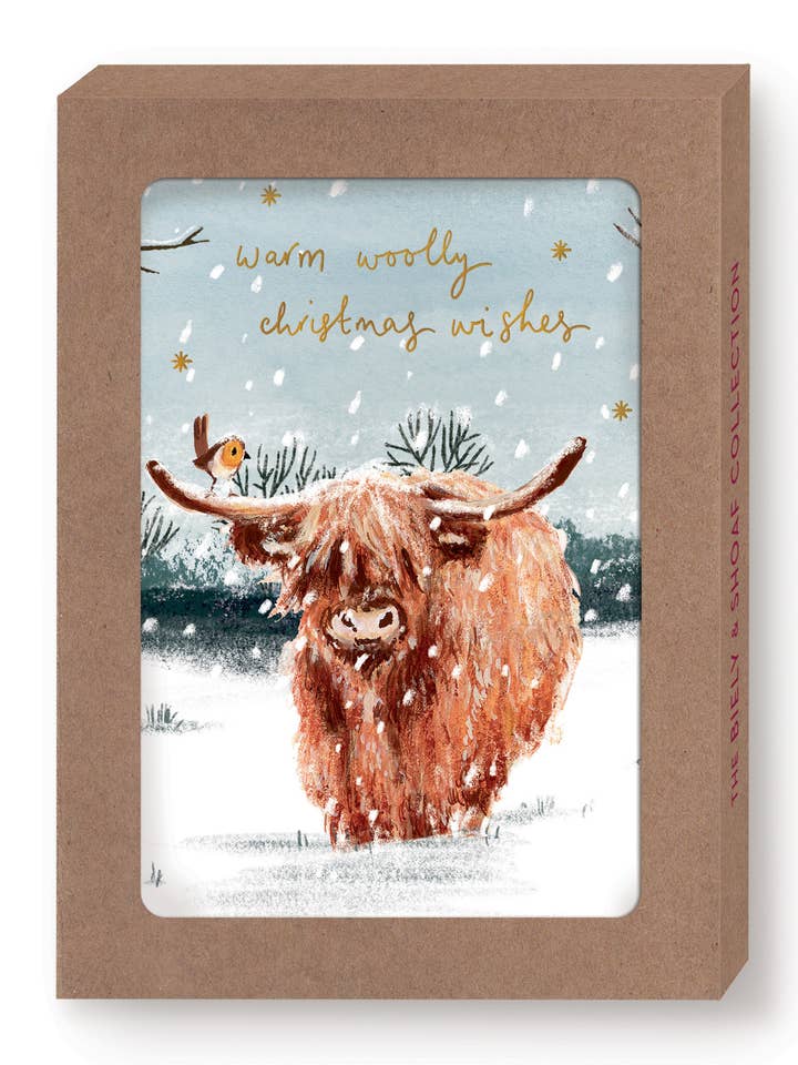 Lot de 10 cartes de vœux Highland Cow Woolly Wishes en boîte pour la vente par Biely & Shoaf