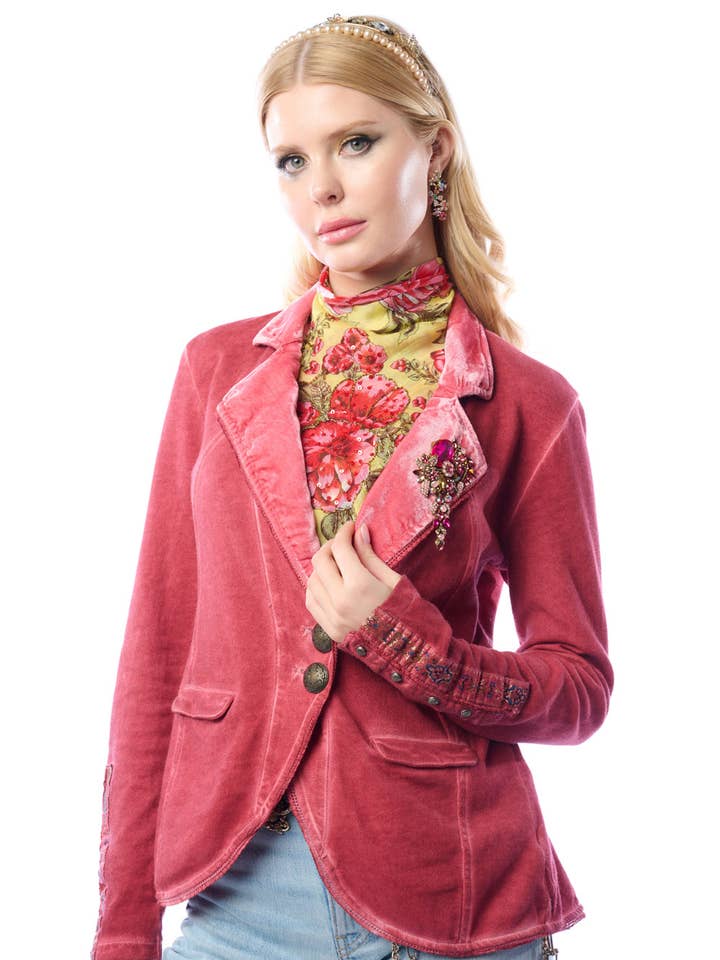 Överste Röd Sammet Jacka | Randig Kavaj | Fransk Frotté för wholesale av Aratta | Women's Fashion