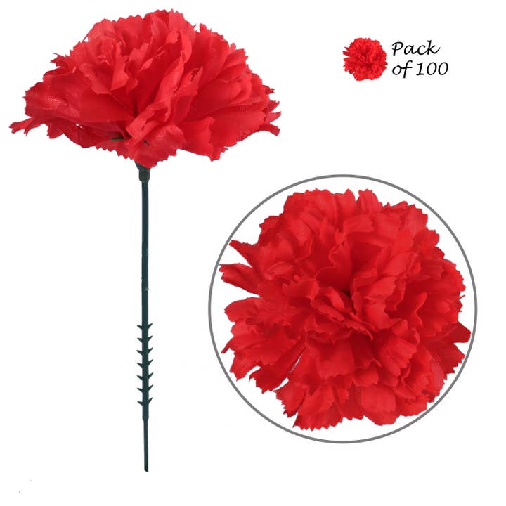 Larksilk - Wholesale Artificial flowers - 100-Pack: Vibrant Red Carnation Picks, 5" Stems, 3.5" Wide