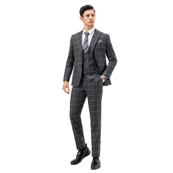 Sean Alexander 3pc Windowpane Suit Set, Hybrid-Fit, Gray for wholesale by Suits America