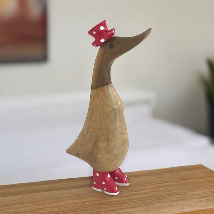 Duck Statue Spotty Boots Wood Carved Duck Coastal Home Decor for wholesale by OMA - Eclectic Home