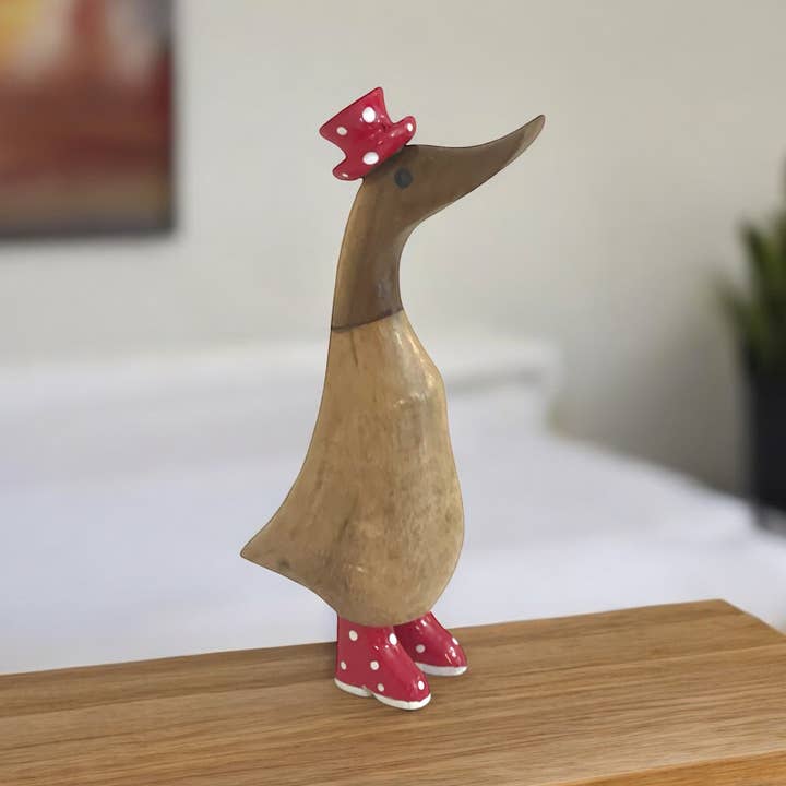 OMA - Eclectic Home - Wholesale Decorative Figurine - Duck Statue Spotty Boots Wood Carved Duck Coastal Home Decor