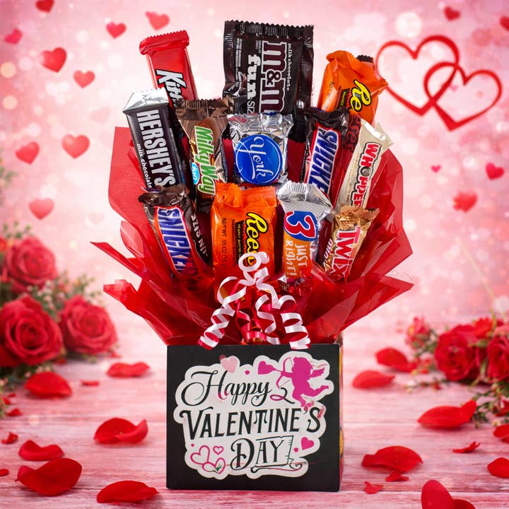 Chocolate Candy Bouquet in Val Day Cupid box (12 pc candy) for wholesale by So Sweet of You