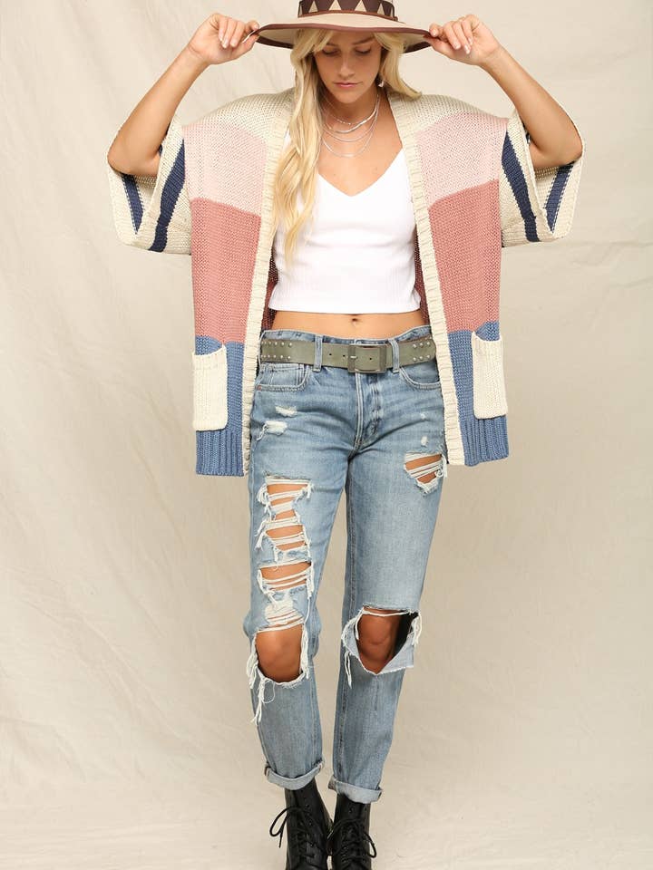 Drapery Open-Front Striped Cardigan With Pocket for wholesale by KyeMi