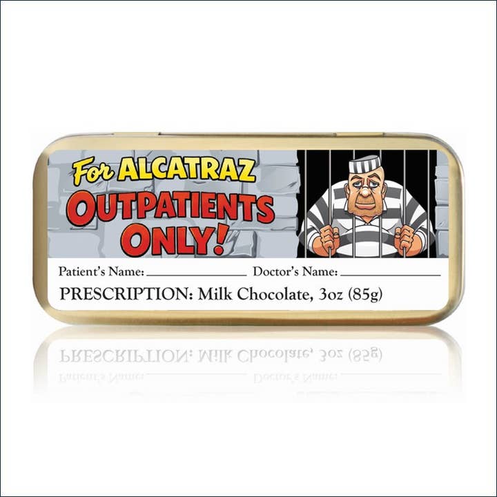Alcatraz Outpatients - Milk Chocolate - 3oz Tin for wholesale by The San Francisco Chocolate Factory