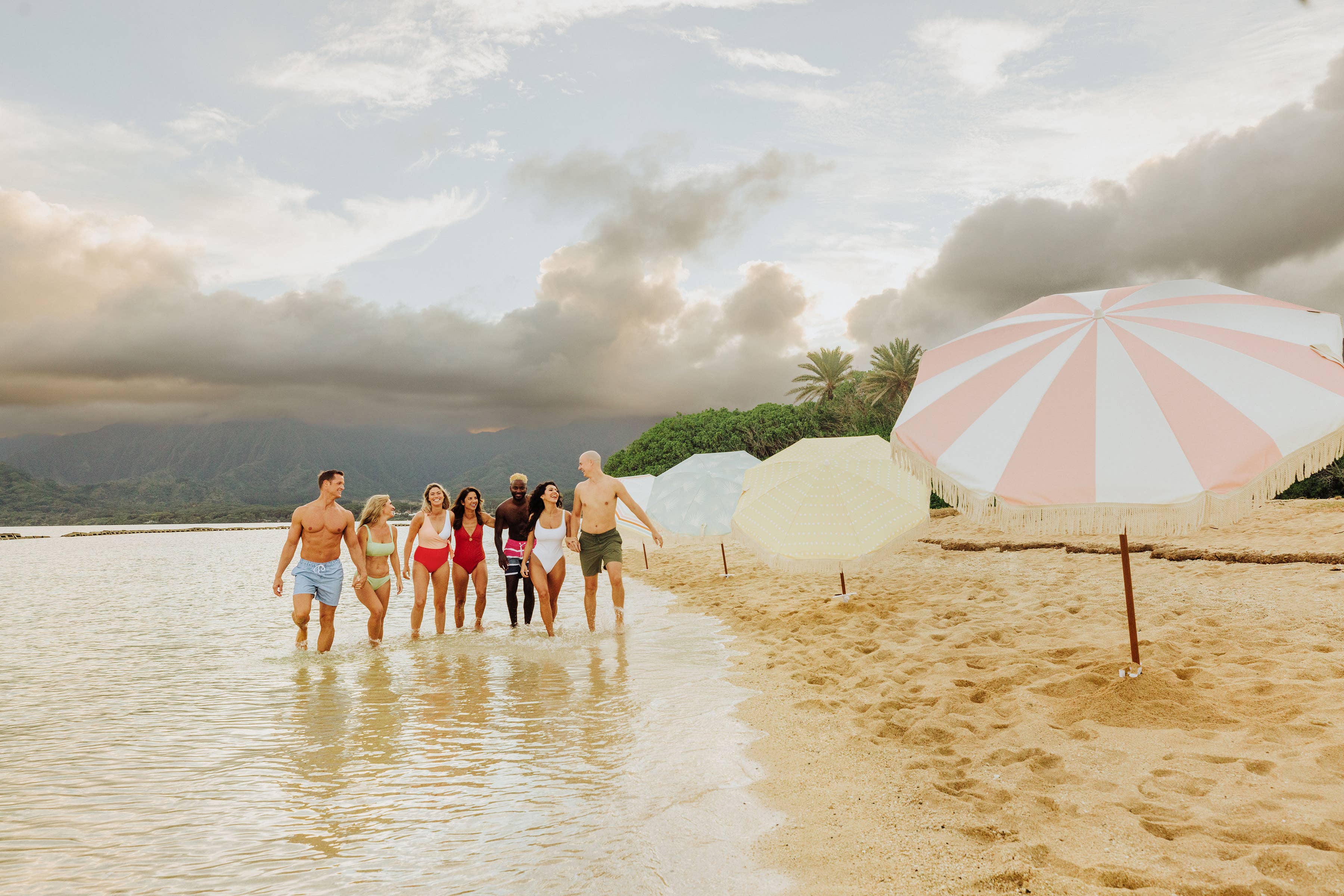 Beach State Summerland Beach Umbrella - Pink Salt Stripe for wholesale on Faire10