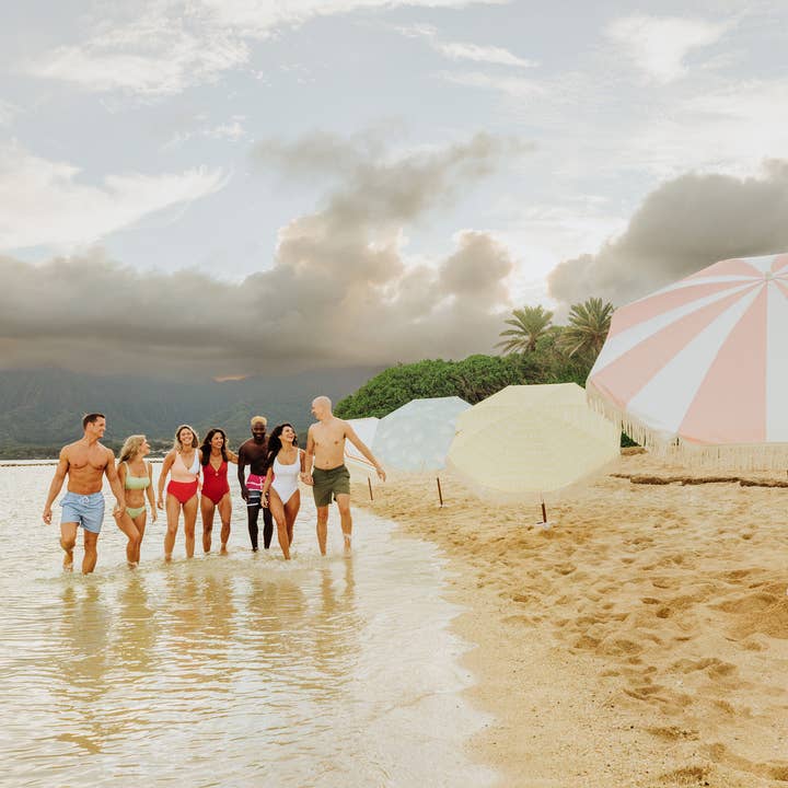 Beach State Summerland Beach Umbrella - Pink Salt Stripe for wholesale on Faire10