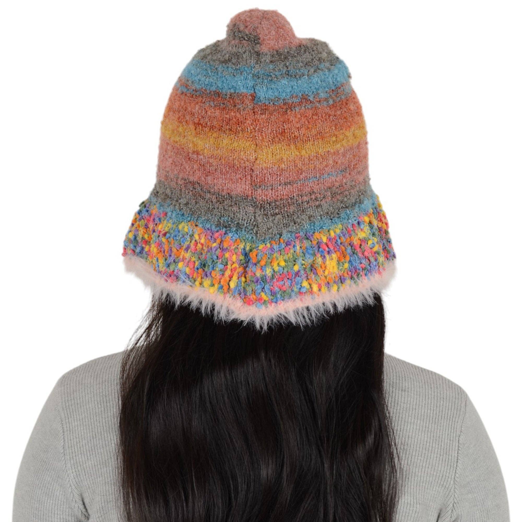 AK Brand – wholesale Bucket hat – Women's – Colorful Striped Knit Bucket Hat Fluffy Winter Fisherman Hat8