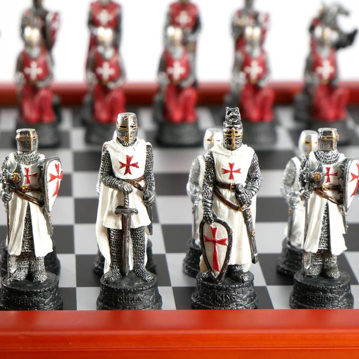 WorldWise Imports - Wholesale Board Game - Chess Set - Crusades IV Resin Men on Cherry Stain Chest