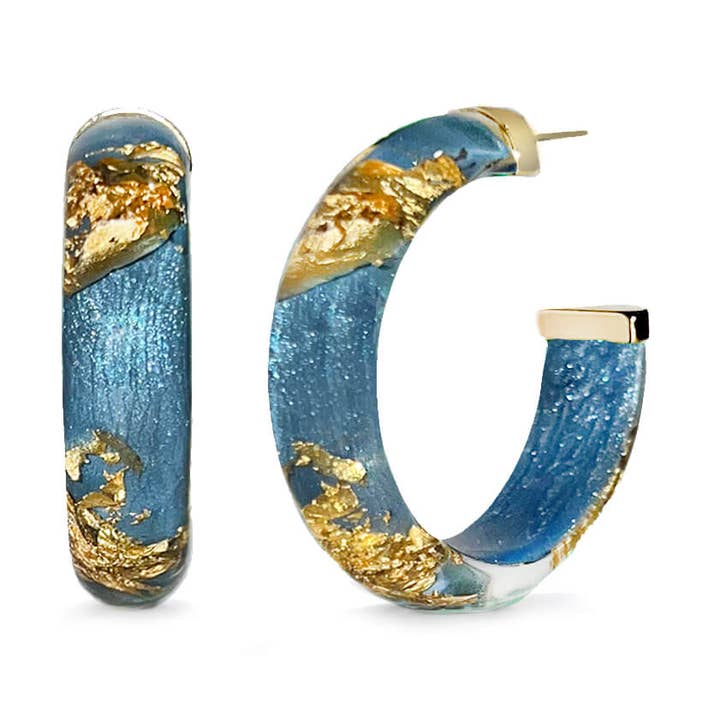 1.5" Santorini Blue 24K Gold Leaf Hoops for wholesale by Gold & Honey