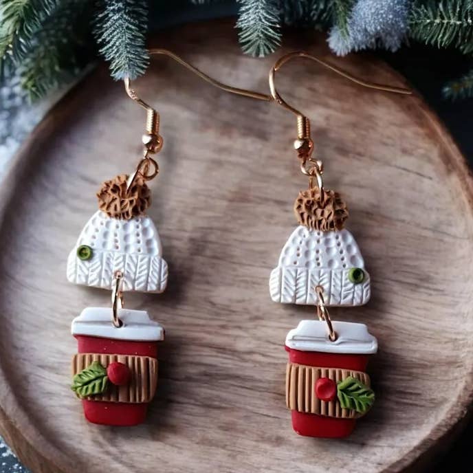 Winter Coffee Latte Cup Holly Berry Dangle Earrings for wholesale by Foxy Method