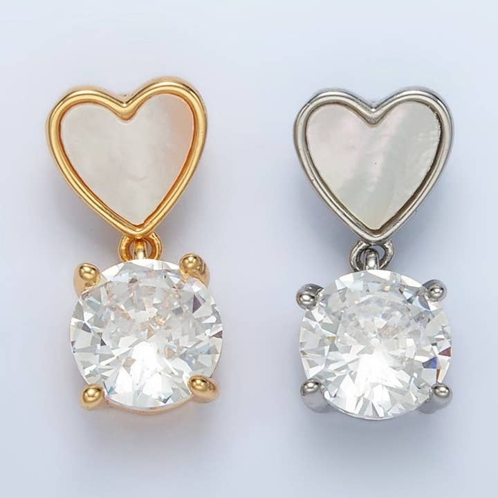 24K Gold Filled Clear CZ Drop Shell Pearl Heart Back Loop Pendant in Gold & Silver | AA1512 for wholesale by Aim Eternal
