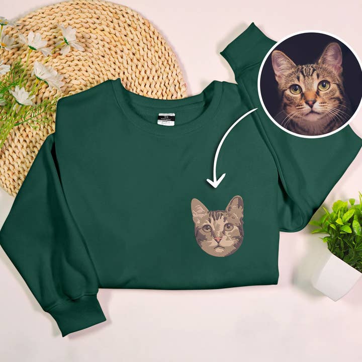 Custom Cat & Dog Face Photo Embroidery Crewneck Sweatshirt for wholesale by Stitchchemy