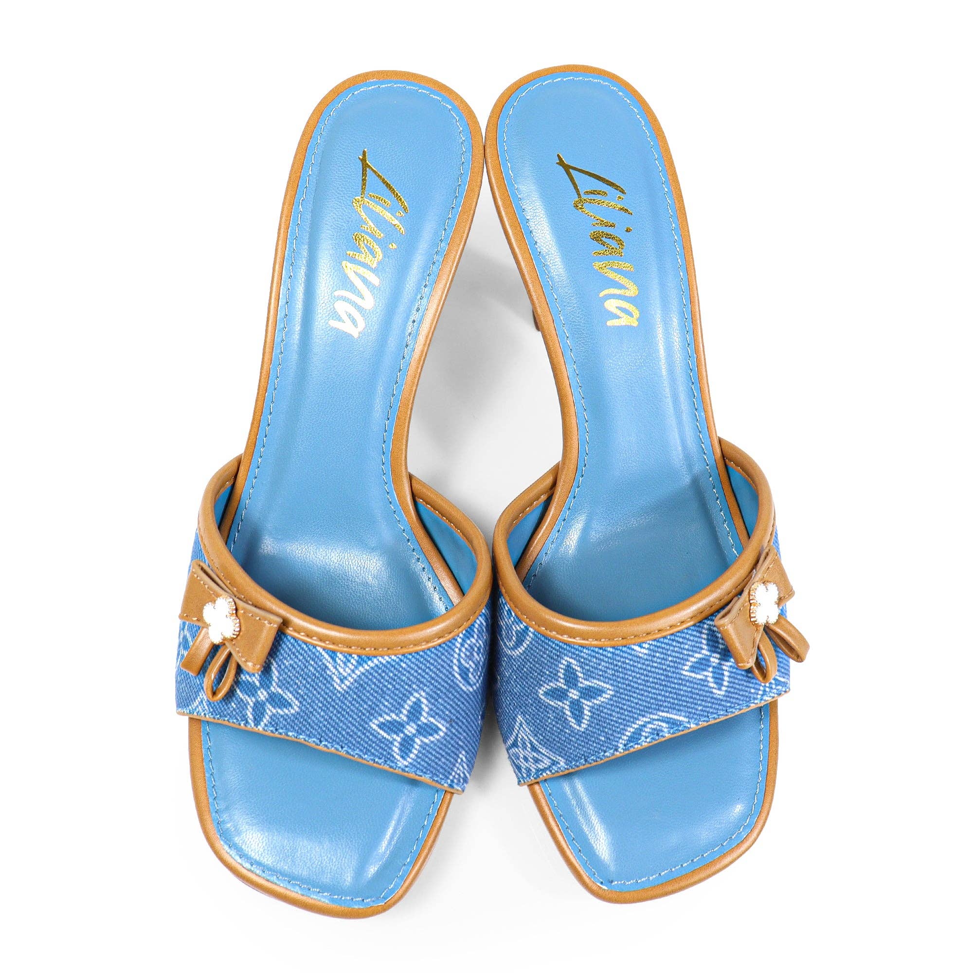 Denim DANA-1 MULE À BOUT OUVERT IMPRIMÉ TALON KITTEN EN DENIM en vente sur Faire6