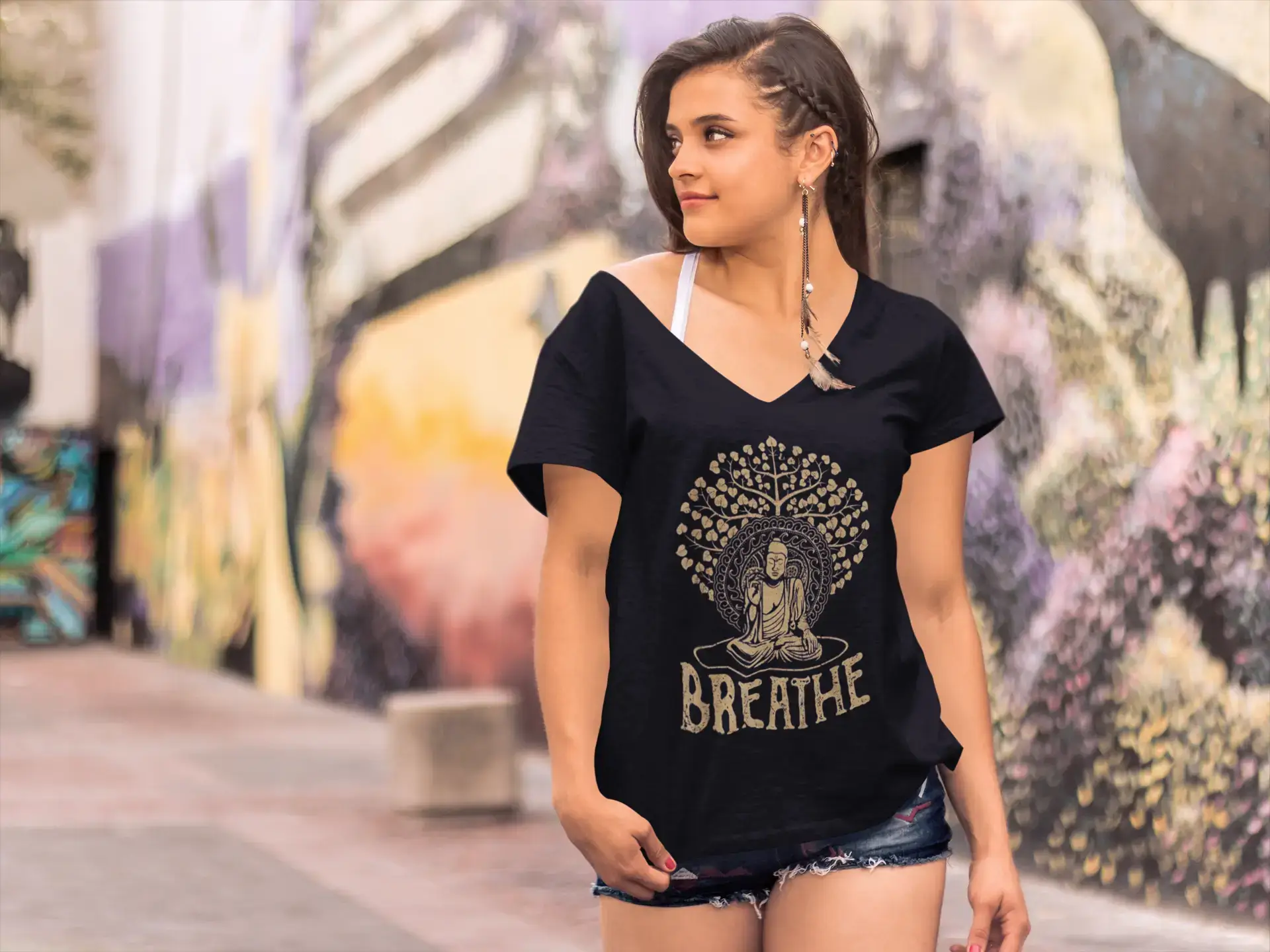 Negro Camiseta de mujer ULTRABASIC con cuello en V Breathe Buddha Yoga - camiseta espiritual de meditación de venta al por mayor en Faire1