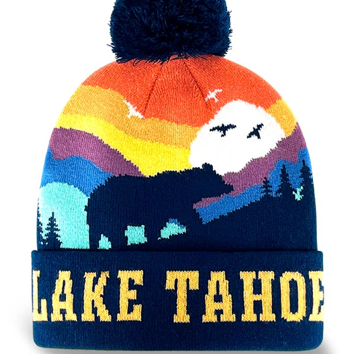 Lake Tahoe Bear Mountain Sunset Pom Pom Knit Beanie Winter Souvenir Hat for wholesale by Northern Icons Creations INC
