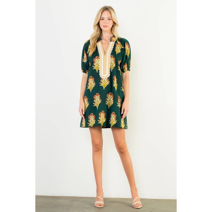 GREEN Floral Print V-Neck Striped Detail Dress for wholesale on Faire