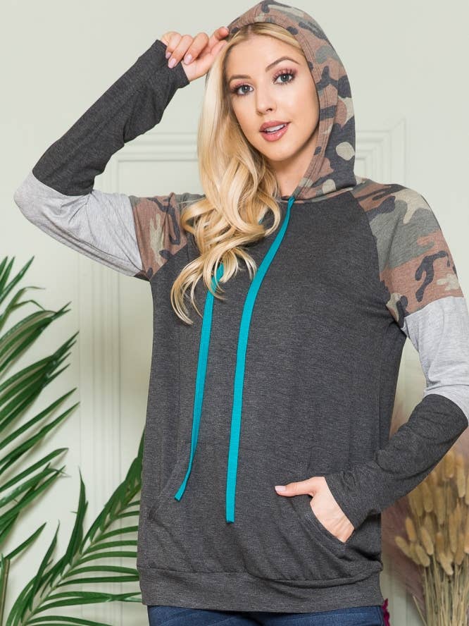 CT33668B-PL - CAMO CONTRAST HOODY W/STRING PLUS-C for wholesale by Celeste Clothing