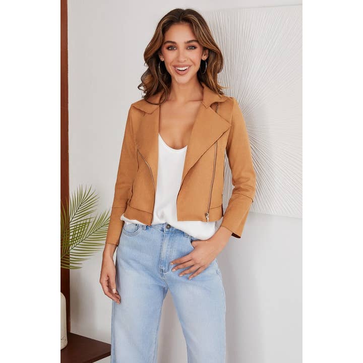 FAUX SUEDE MOTO ZIPP-UP JACKET WITH POCKETS (92024-SOLID) for wholesale by VENTI6