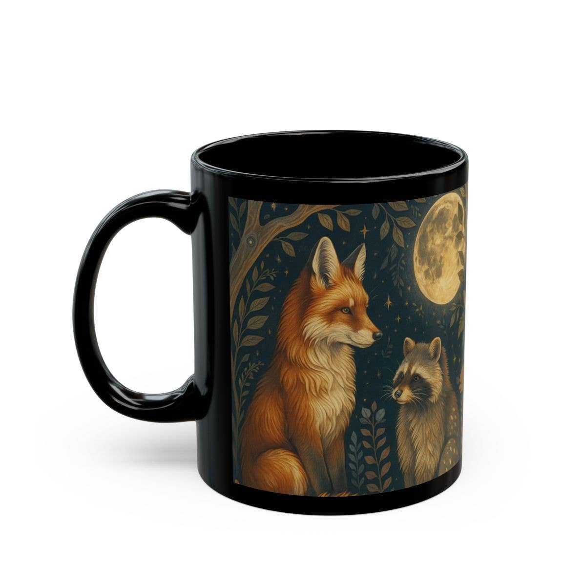Upside Down Owl Farm - Vente Tasse à café - Tasse Woodland Fox & Raccoon Moon, Mug en céramique noire