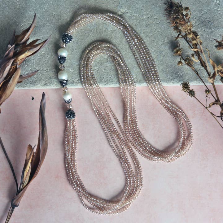 Multi Strand Crystal Pearl Druzy Necklace -Champagne for wholesale by IST Jewelry