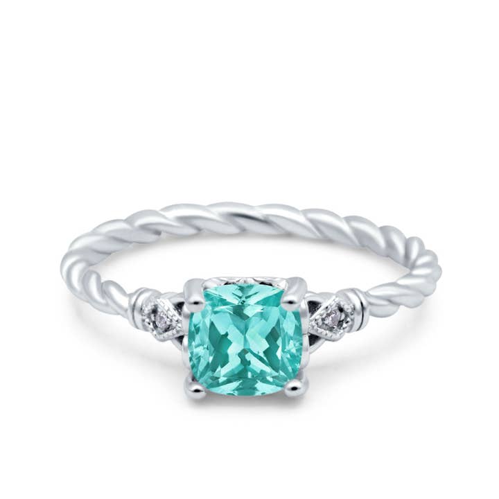 Art Deco Cushion Three Stone Wedding Bridal Ring Simulated Paraiba Tourmaline CZ for wholesale by Blue Apple Imports