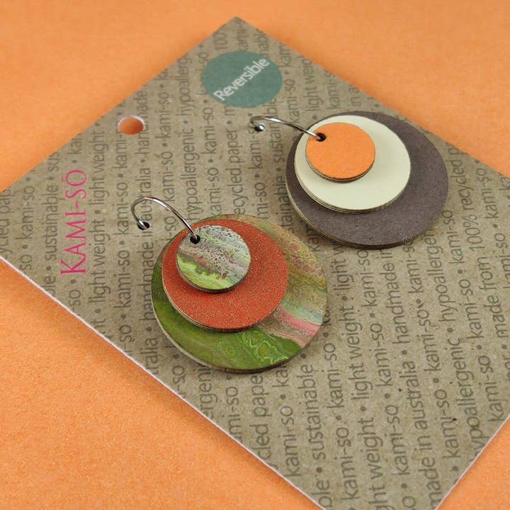 Reverse-A-Tile Expanding Circle Recycled Paper Earrings - Earthy Green & Orange Gold / Orange, Cream & Chocolate for wholesale by Kami-so