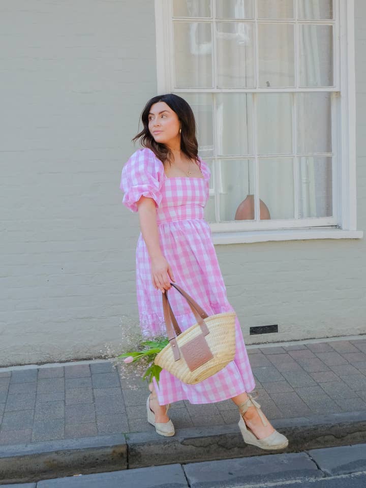 Laura Pink Gingham Midi Dress for wholesale by BY MEGAN CROSBY