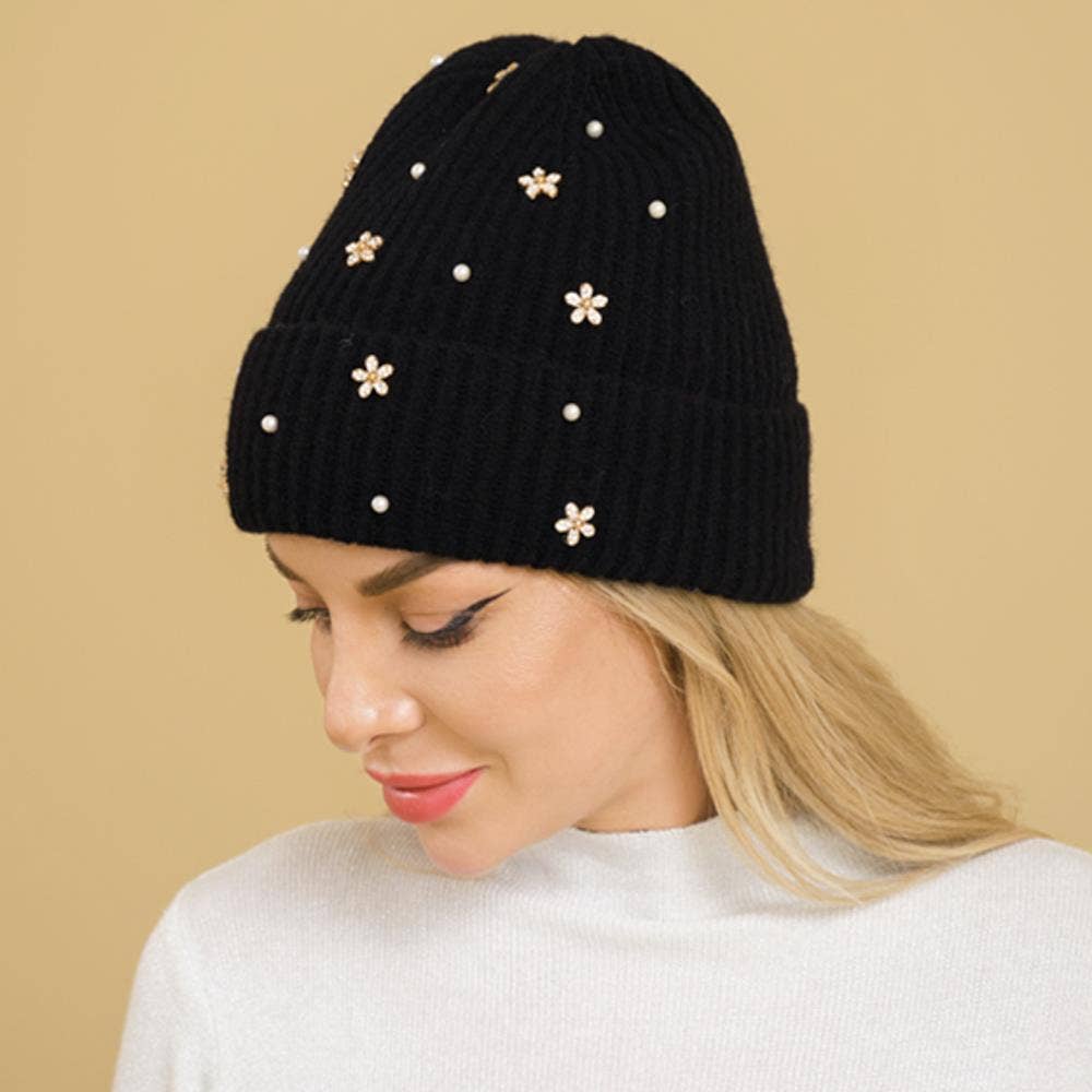 anbfashion - Venta al por mayor Gorro de lana - Mujer - Gorro de Punto con Apliques de Perlas y Flores H-35093
