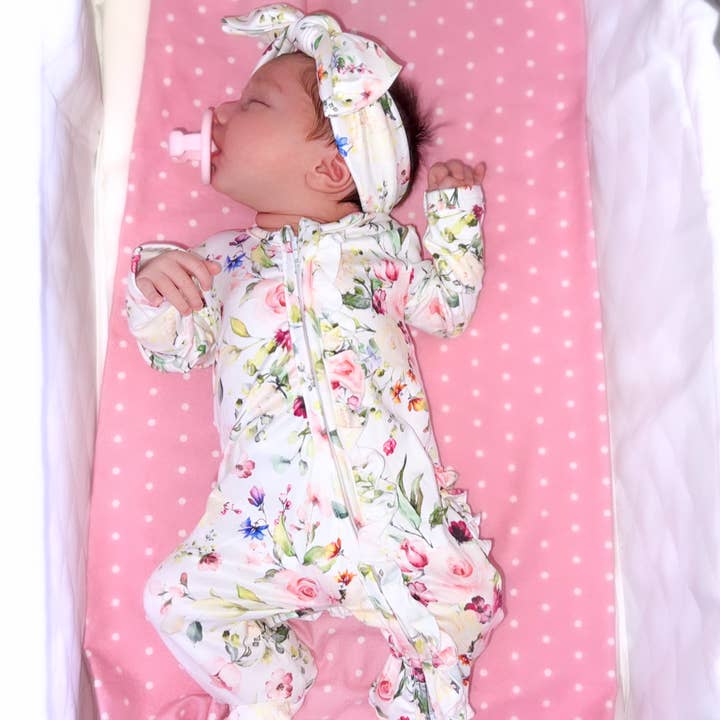 Newborn Floral Garden ruffle footie and headband set for wholesale by Baby in Styles